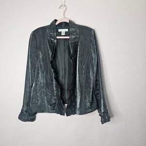 Rafael Blazer Jacket Size 14 Career Party Open Front Silver Gray Ruffle Trim‎